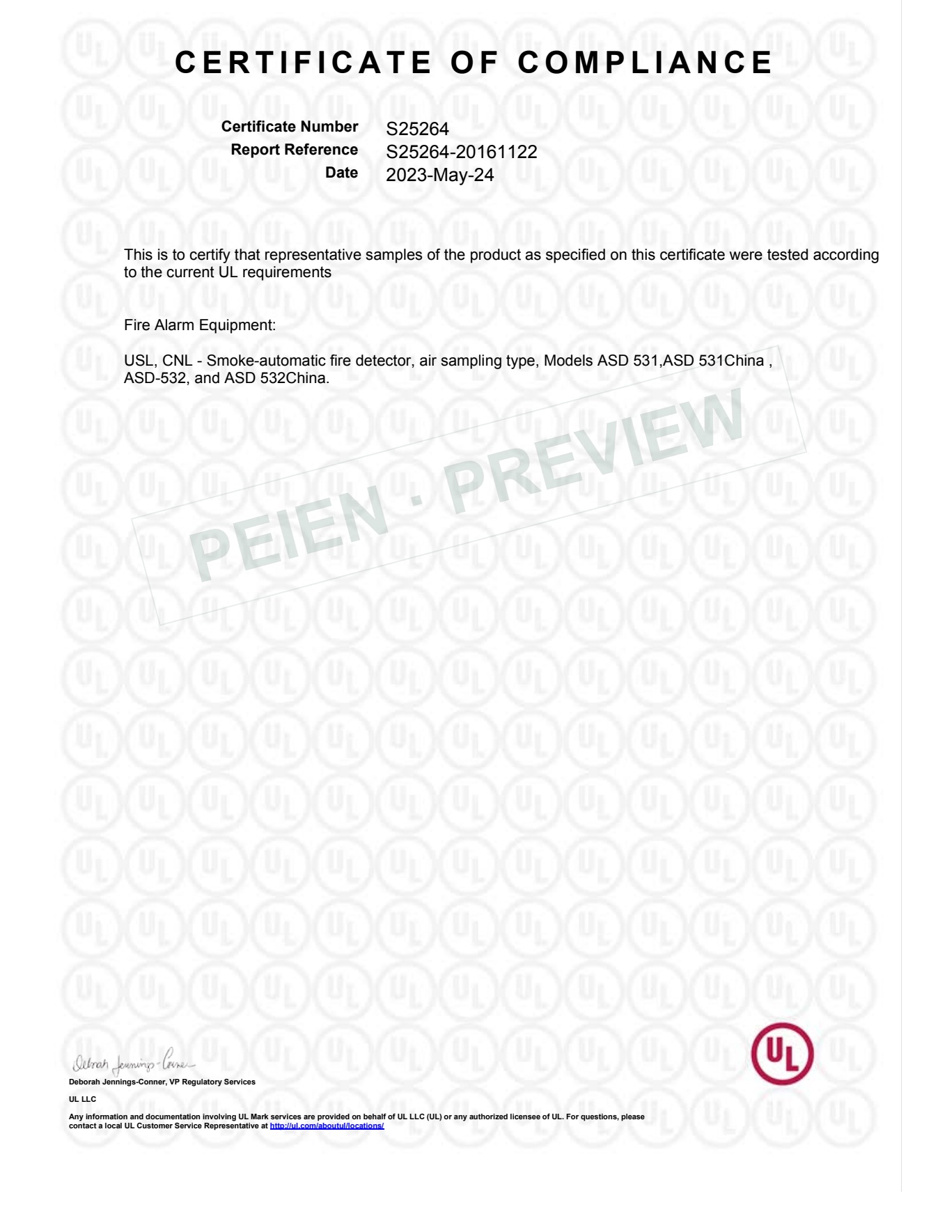 UL ASD 531 / ASD 532 合格证 带水印预览